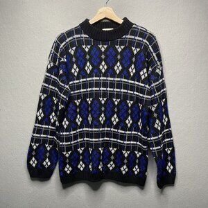 Vintage Separate Issue Mens Small Geometric Argyle Sweater Black Blue White